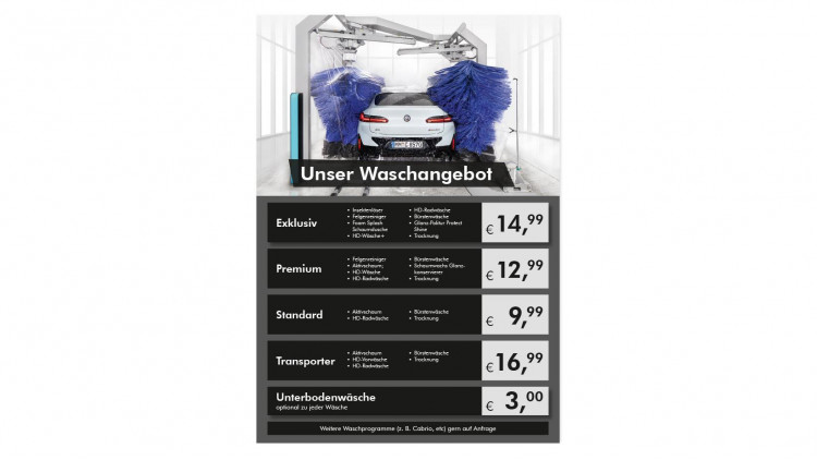 Preisschild für Waschstraße DIN A1 - Deutsch - Abbildung ähnlich