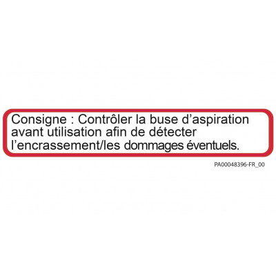 Aufkleber SS „Hinweis: Saugdüse vor der Anwendung auf........prüfen.“ 25 x 150mm - Französisch