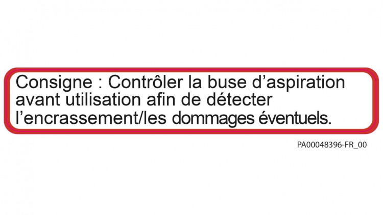 Aufkleber SS „Hinweis: Saugdüse vor der Anwendung auf........prüfen.“ 25 x 150mm - Französisch - Abbildung ähnlich