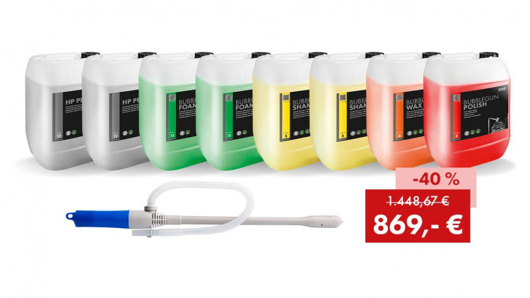 Chemie-Aktionspaket für SB-Waschplatz inkl. Batteriepumpe - Abbildung ähnlich
