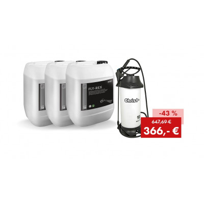 Aktionspaket FLY-REX: 3 x 25 kg Kanister + CHRIST Drucksprüher 10 Liter (alkalisch)