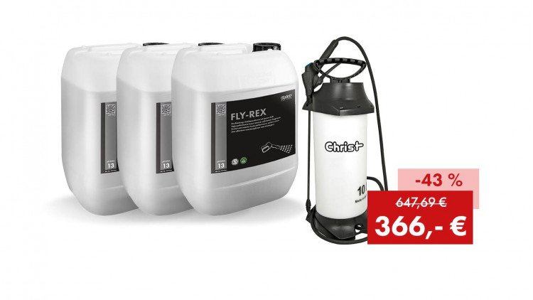 Aktionspaket FLY-REX: 3 x 25 kg Kanister + CHRIST Drucksprüher 10 Liter (alkalisch) - Abbildung ähnlich